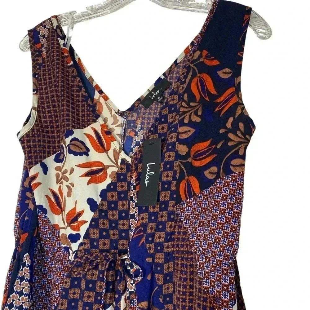 Lulus bon voyage Navy mixed print wide leg loose comfy jumpsuit size XL - Picture 7 of 11